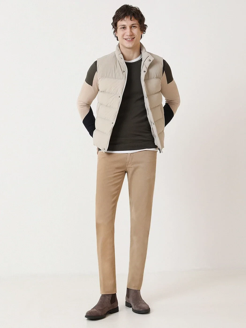 Bej Regular Fit Dik Yaka Casual Dokuma Spor Yelek - 4