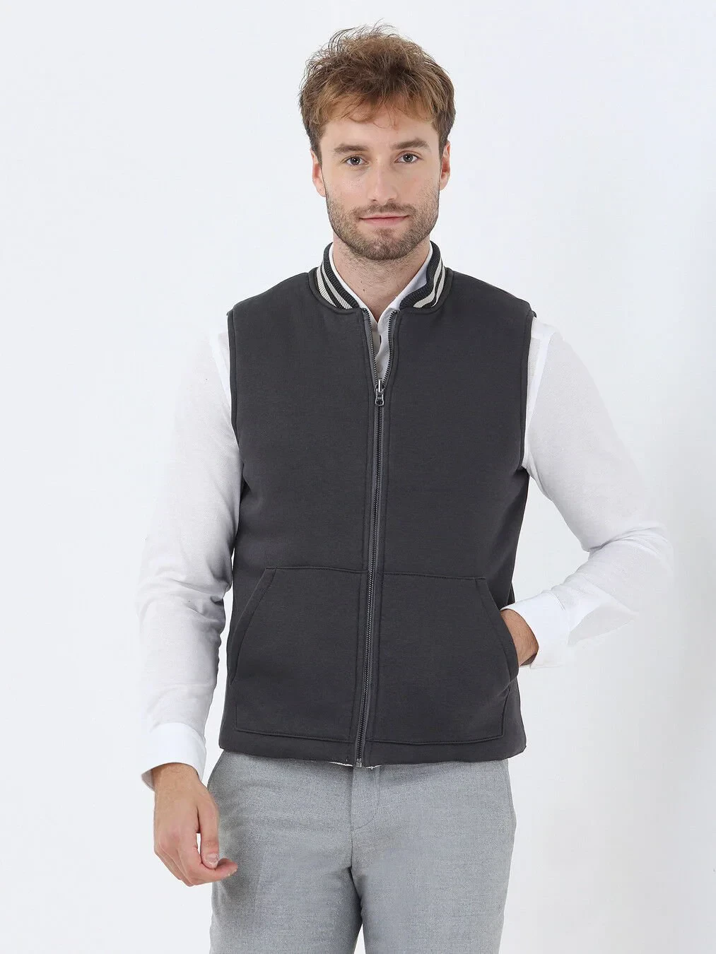 Bej Regular Fit Dik Yaka Casual Dokuma Spor Yelek - 1