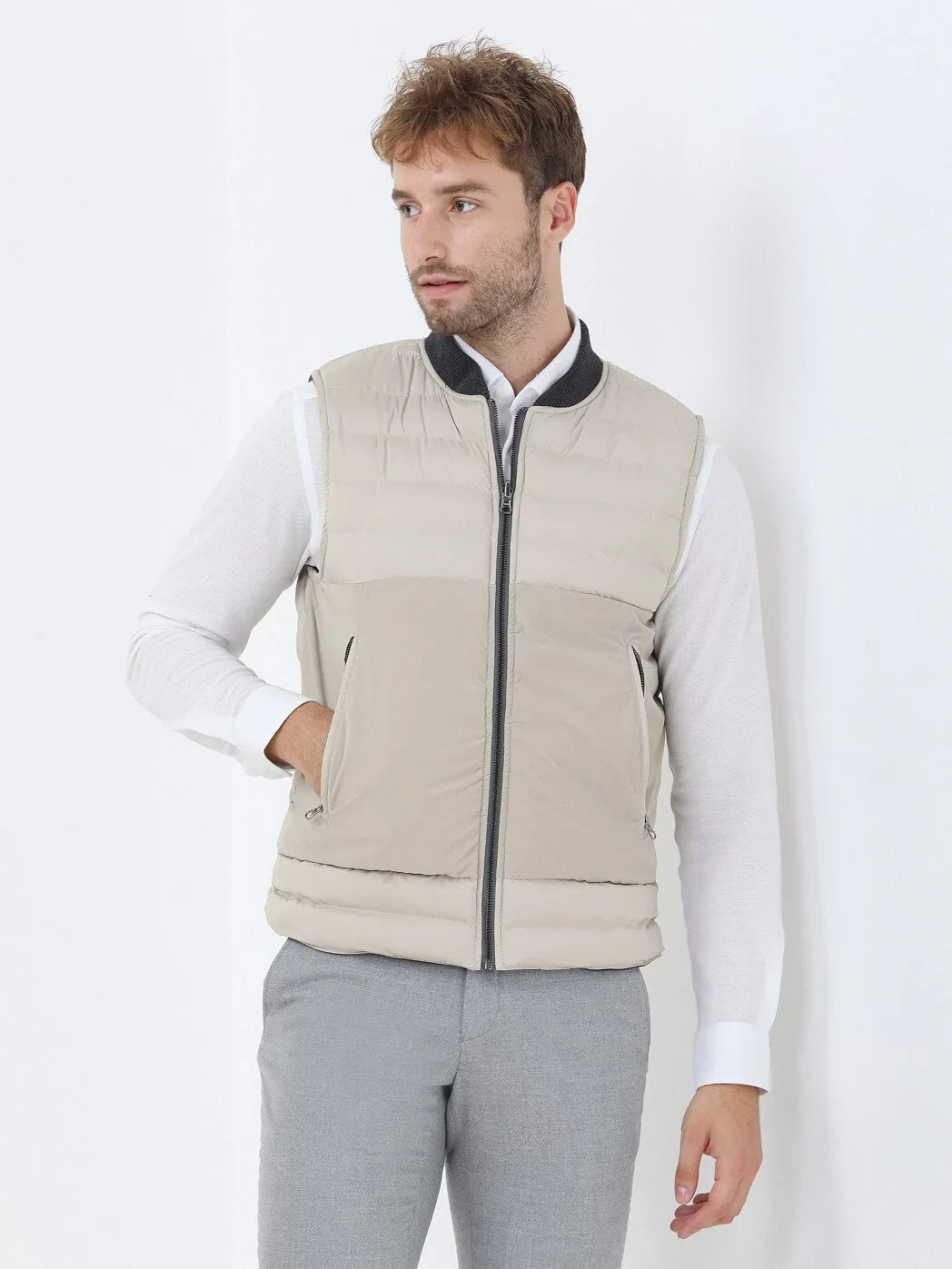 Bej Regular Fit Dik Yaka Casual Dokuma Spor Yelek - 2