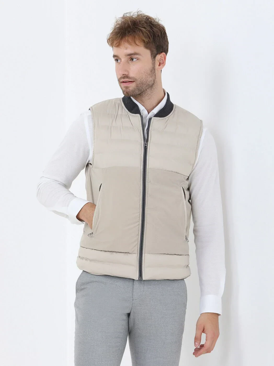 Bej Regular Fit Dik Yaka Casual Dokuma Spor Yelek - 2