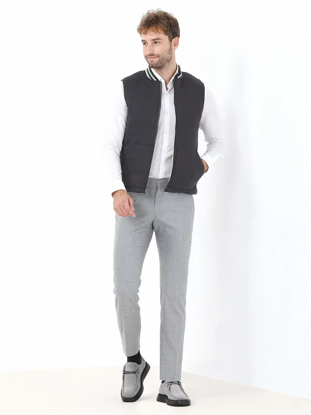 Bej Regular Fit Dik Yaka Casual Dokuma Spor Yelek - 3