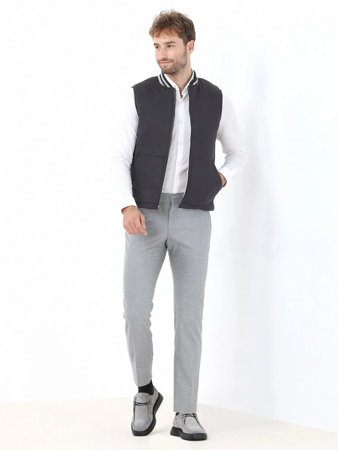 Bej Regular Fit Dik Yaka Casual Dokuma Spor Yelek - 3