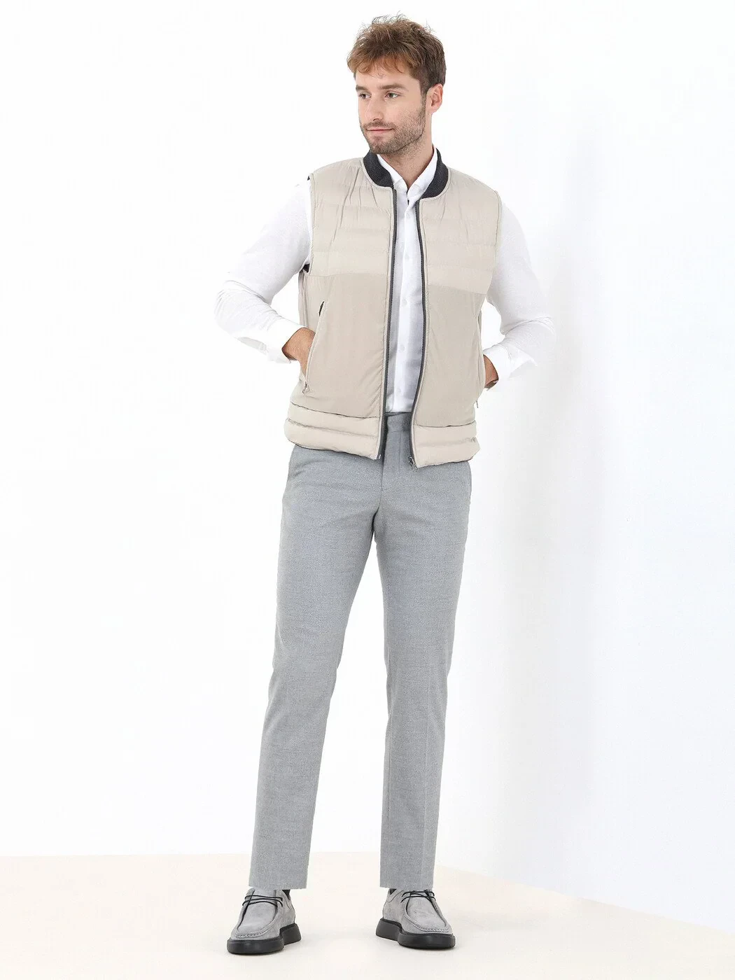 Bej Regular Fit Dik Yaka Casual Dokuma Spor Yelek - 4