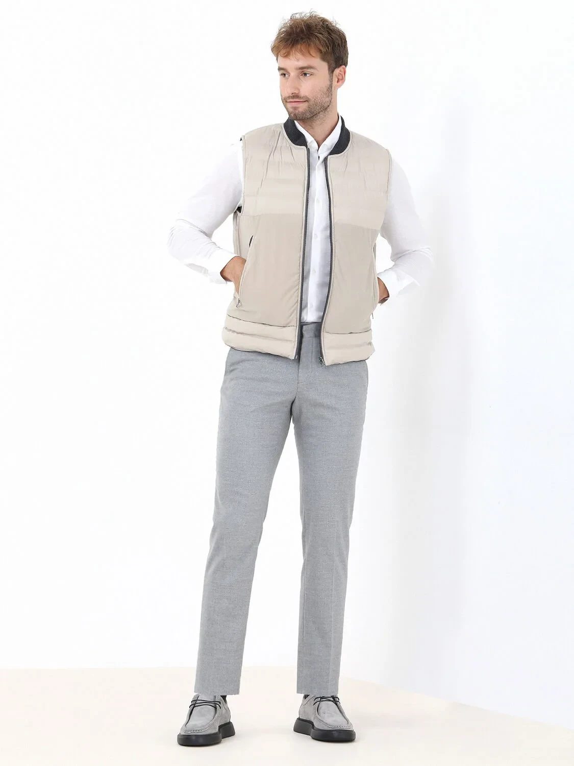 Bej Regular Fit Dik Yaka Casual Dokuma Spor Yelek - 4