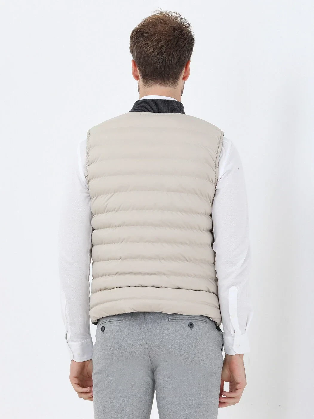 Bej Regular Fit Dik Yaka Casual Dokuma Spor Yelek - 8