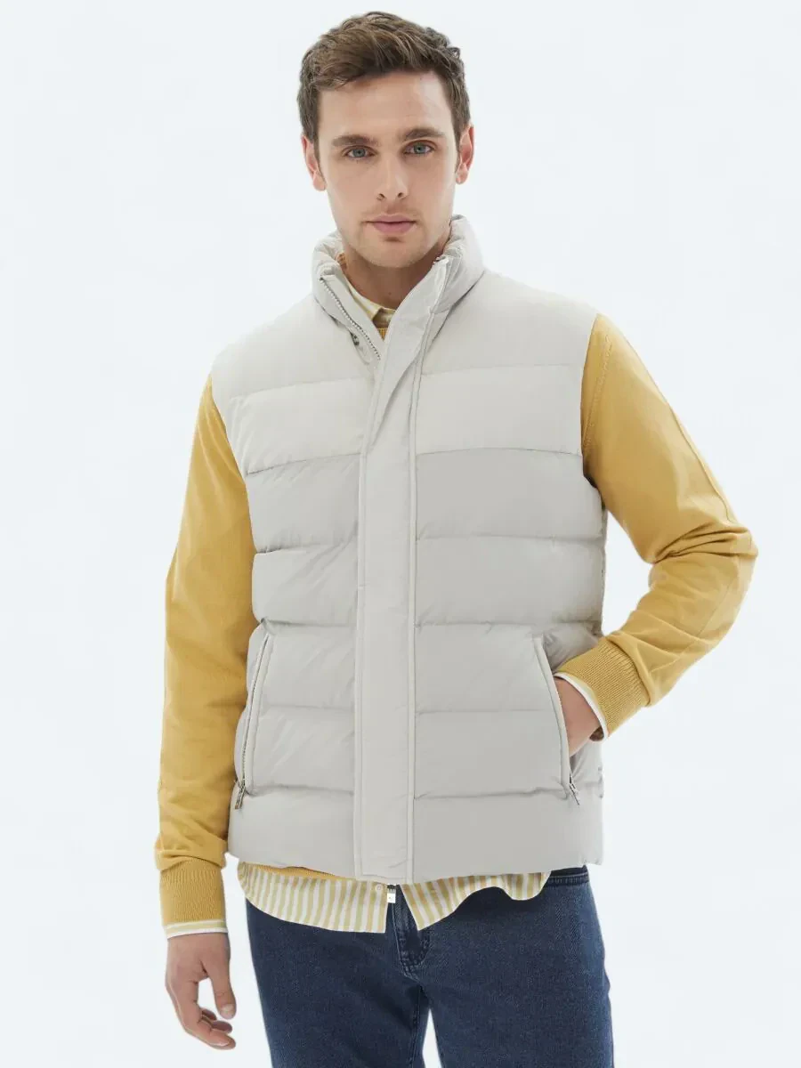 Bej Regular Fit Dik Yaka Casual Dokuma Spor Yelek - 1