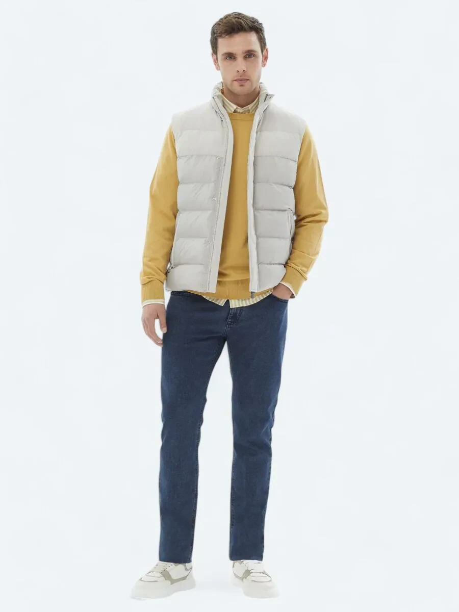 Bej Regular Fit Dik Yaka Casual Dokuma Spor Yelek - 2