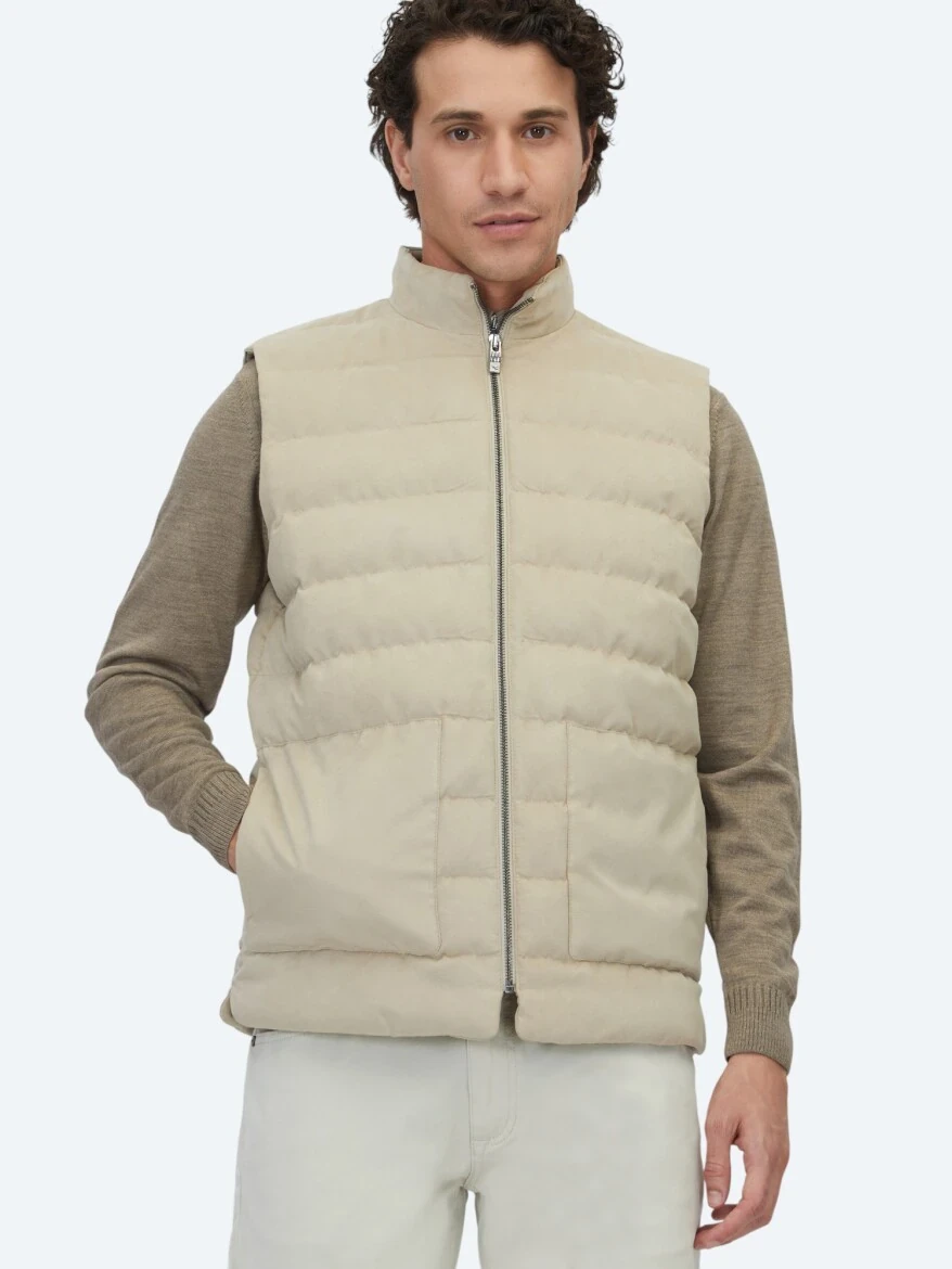 Bej Regular Fit Dik Yaka Casual Dokuma Spor Yelek - 3