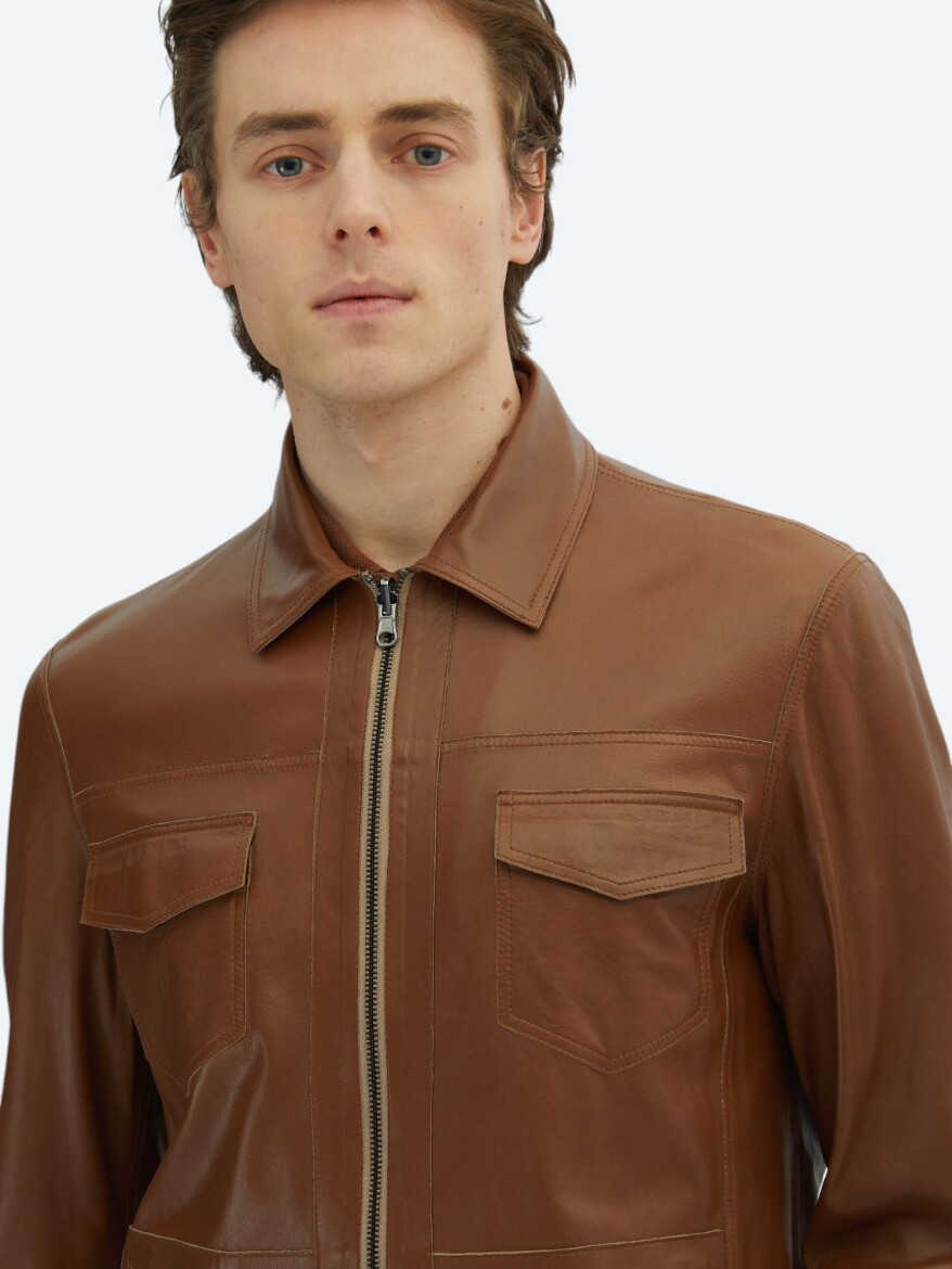 Bej Regular Fit Dik Yaka Smart Casual Çift Taraflı Deri Mont - 3