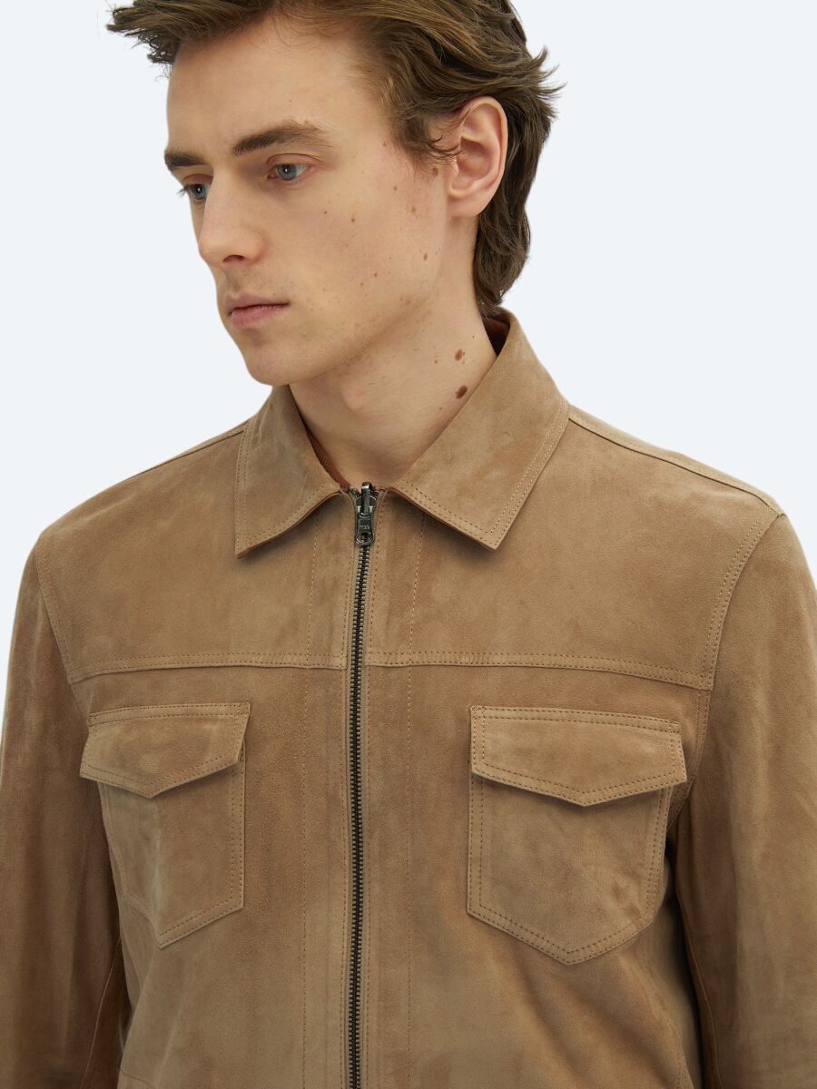 Bej Regular Fit Dik Yaka Smart Casual Çift Taraflı Deri Mont - 4