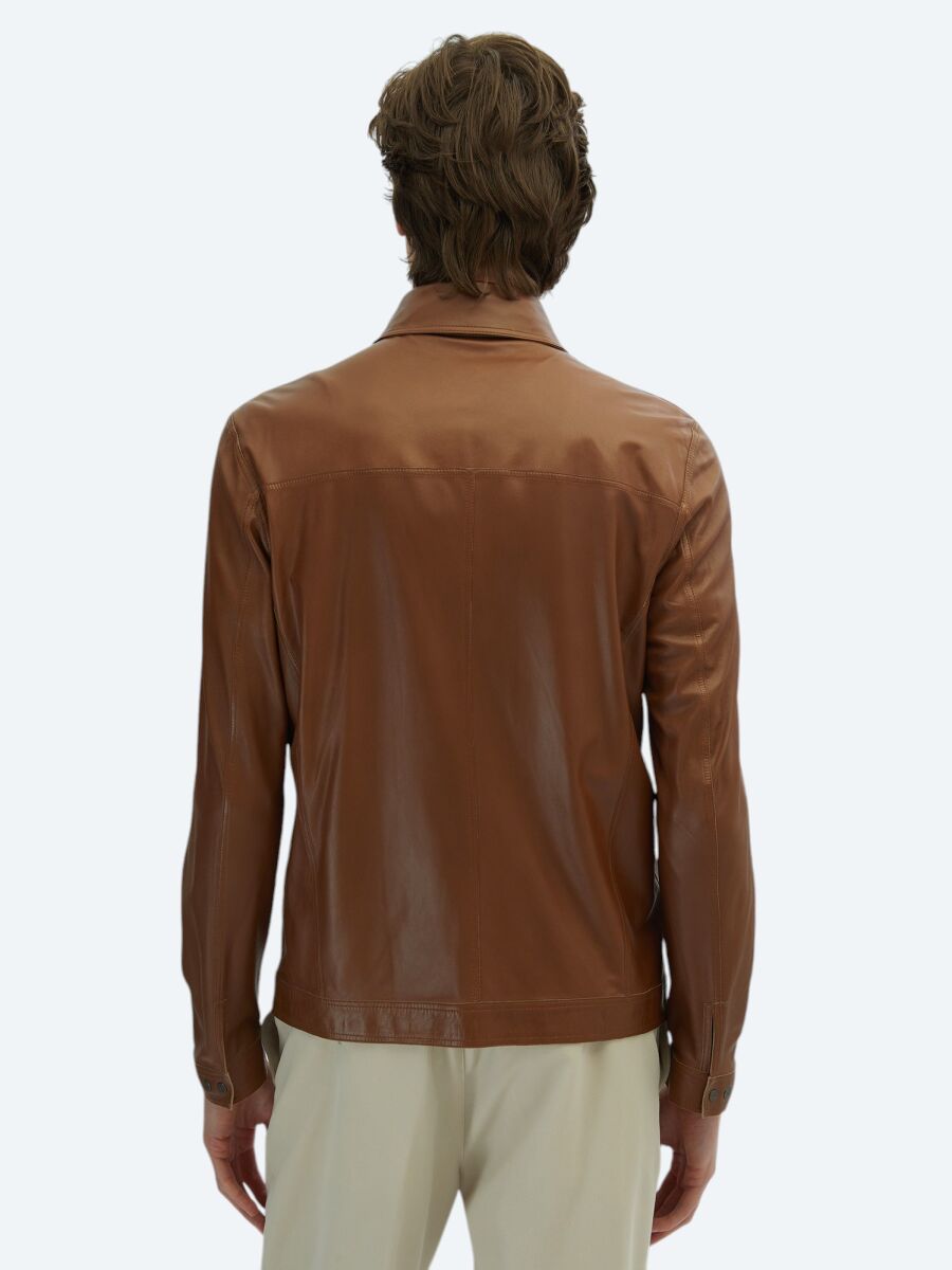 Bej Regular Fit Dik Yaka Smart Casual Çift Taraflı Deri Mont - 6