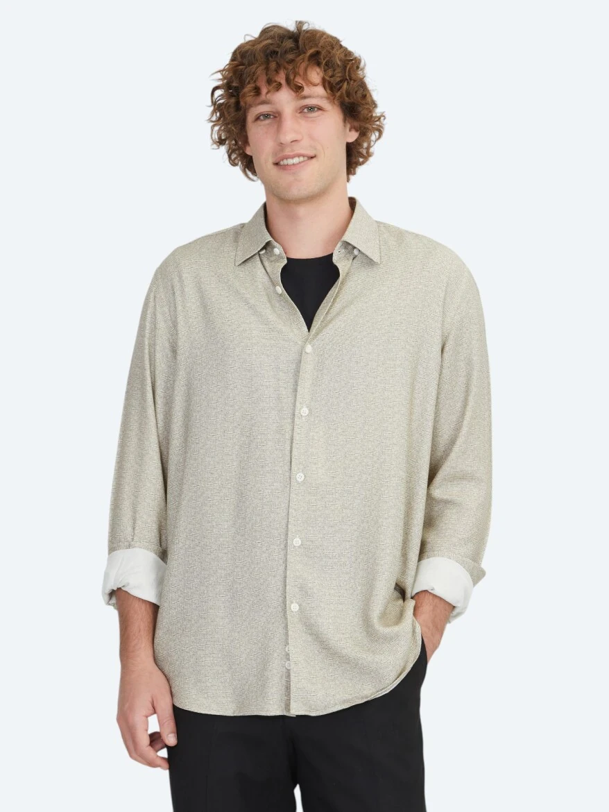 Bej Regular Fit Dokuma Casual %100 Pamuk Gömlek - KİP