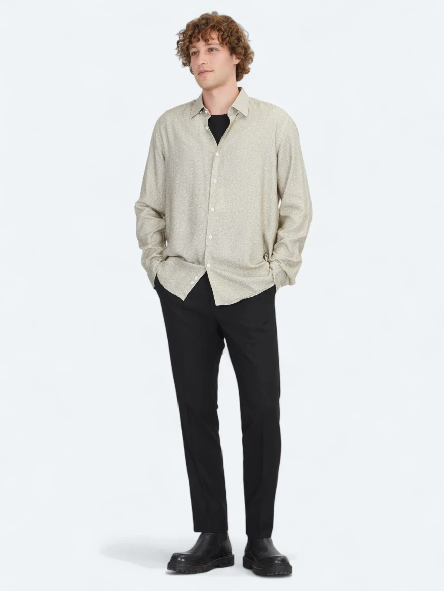 Bej Regular Fit Dokuma Casual %100 Pamuk Gömlek - KİP