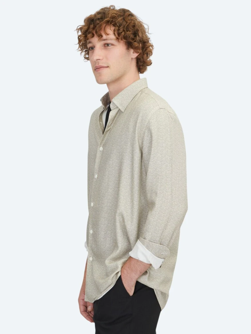 Bej Regular Fit Dokuma Casual %100 Pamuk Gömlek - KİP