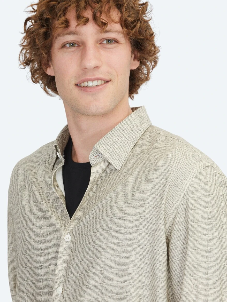 Bej Regular Fit Dokuma Casual %100 Pamuk Gömlek - KİP