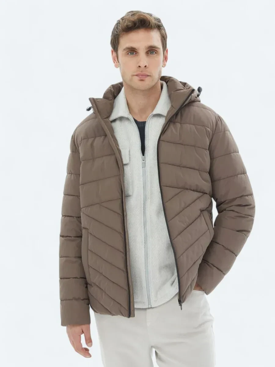 Bej Regular Fit Kapüşonlu Casual Dokuma Mont - 1