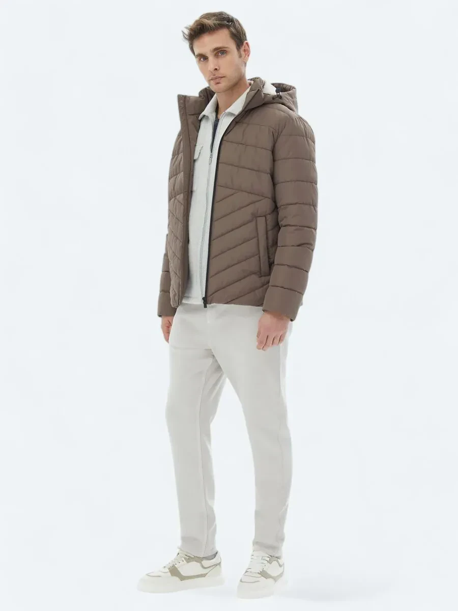 Bej Regular Fit Kapüşonlu Casual Dokuma Mont - 2