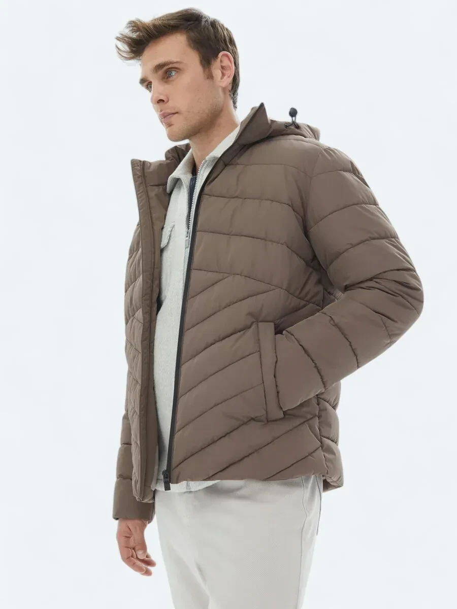 Bej Regular Fit Kapüşonlu Casual Dokuma Mont - 3