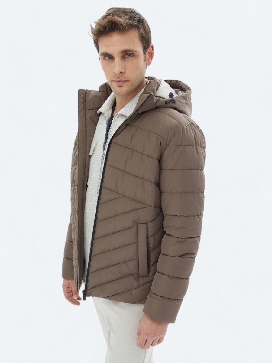 Bej Regular Fit Kapüşonlu Casual Dokuma Mont - 4