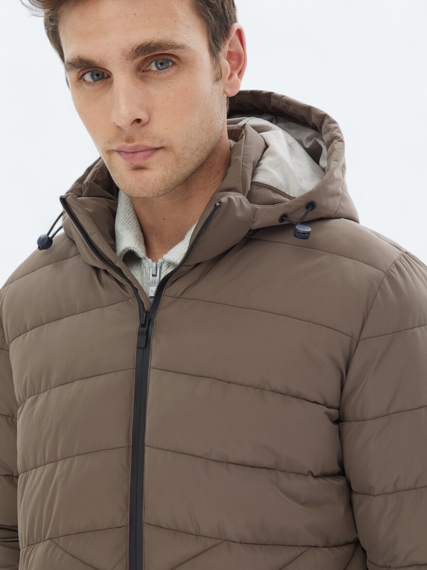 Bej Regular Fit Kapüşonlu Casual Dokuma Mont - 5