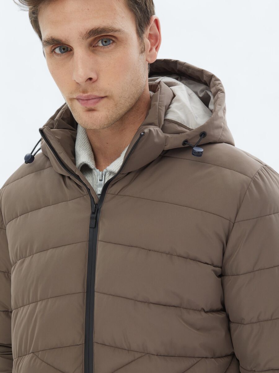 Bej Regular Fit Kapüşonlu Casual Dokuma Mont - 5