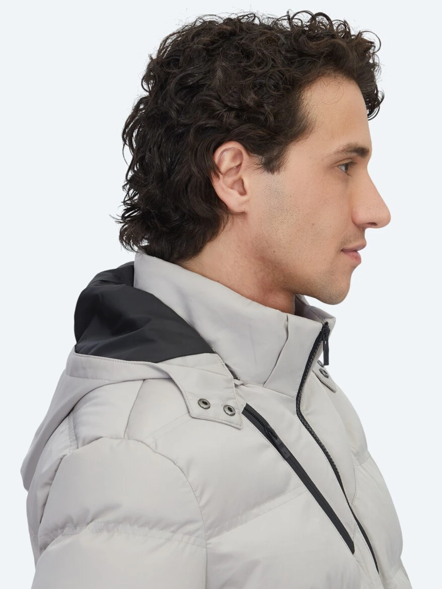 Bej Regular Fit Kapüşonlu Casual Dokuma Mont - 4