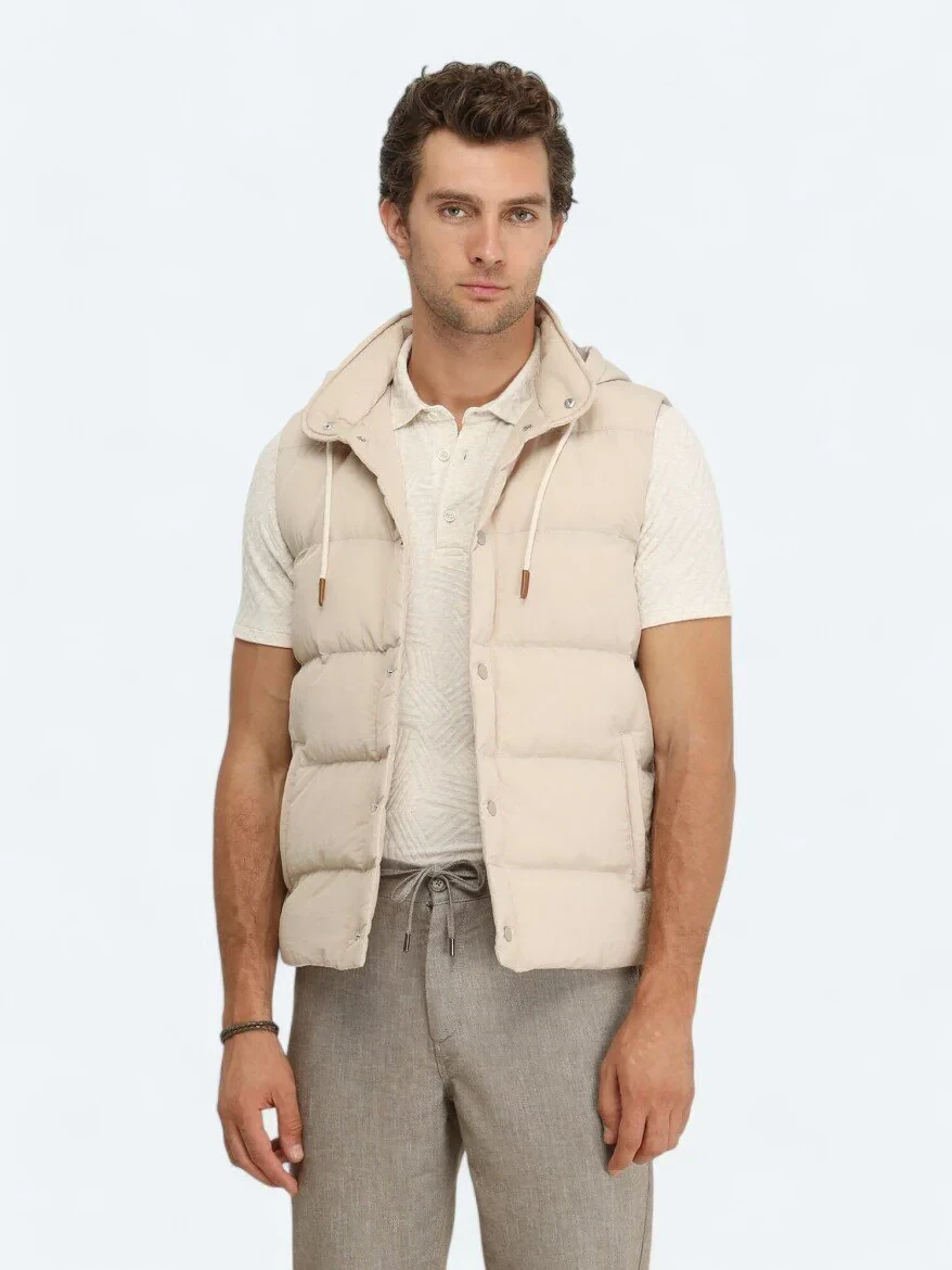 Bej Regular Fit Kapüşonlu Casual Dokuma Spor Yelek - 1