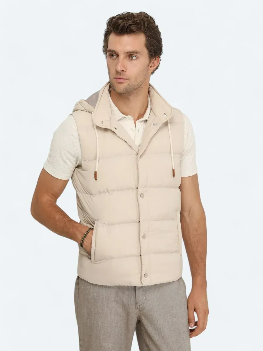 Bej Regular Fit Kapüşonlu Casual Dokuma Spor Yelek - 2