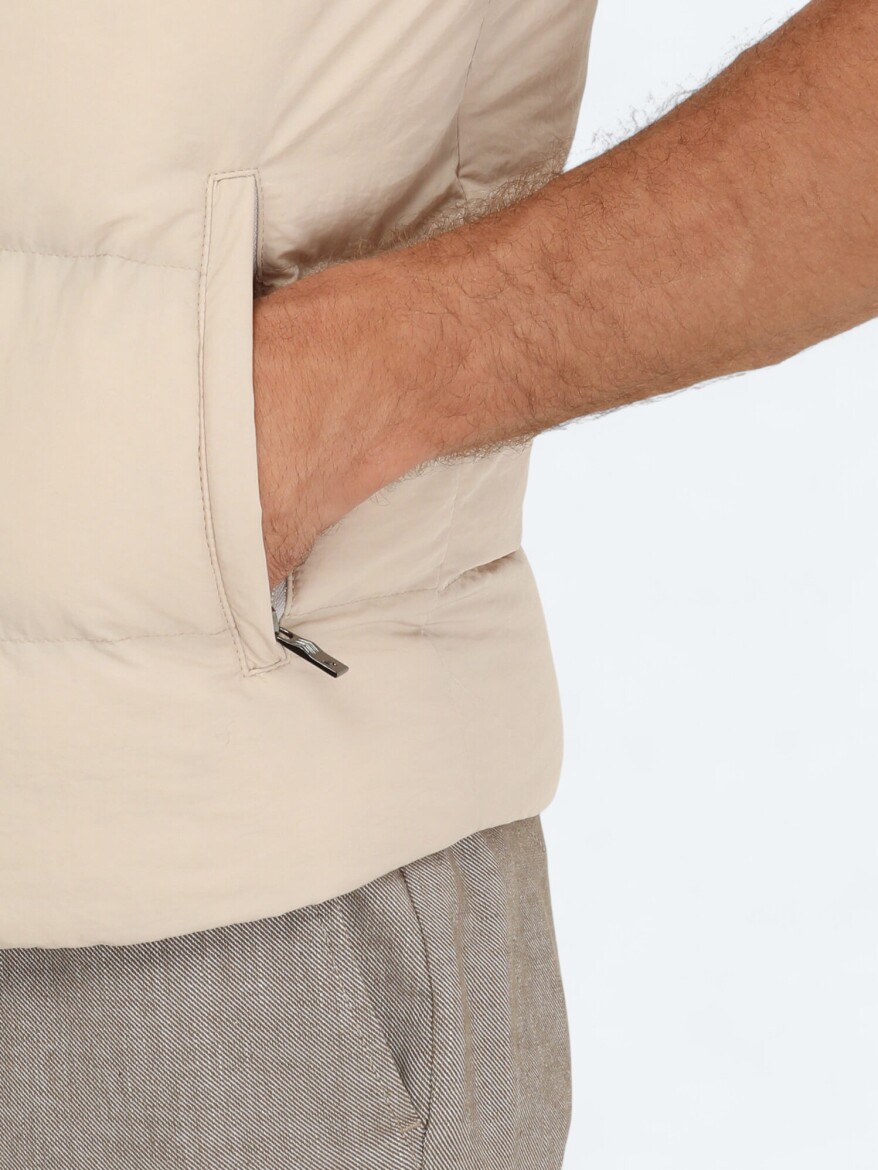 Bej Regular Fit Kapüşonlu Casual Dokuma Spor Yelek - 5