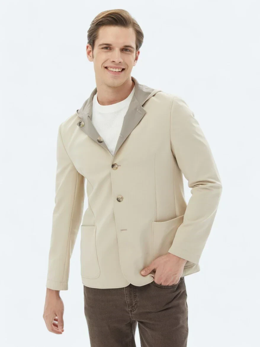 Bej Regular Fit Kapüşonlu Casual Örme Mont - 1