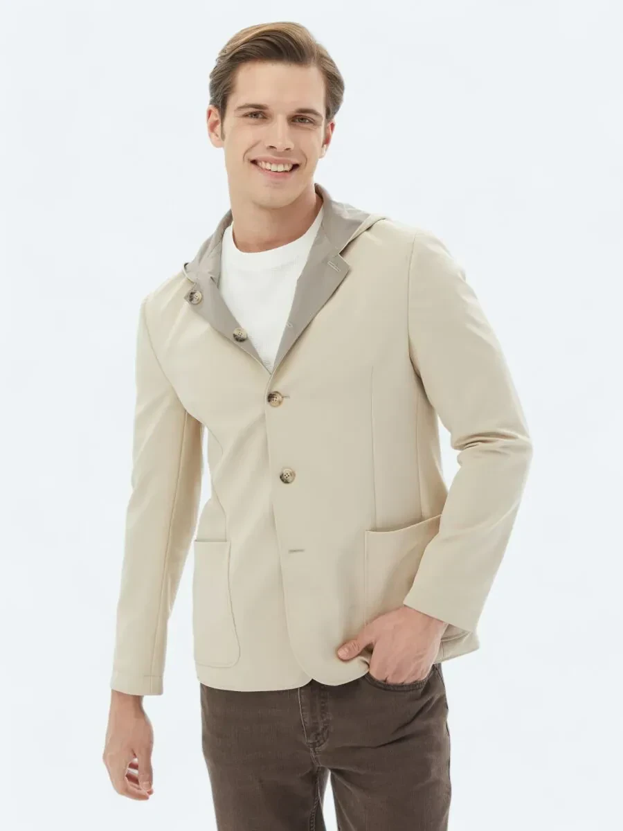 Bej Regular Fit Kapüşonlu Casual Örme Mont - 1