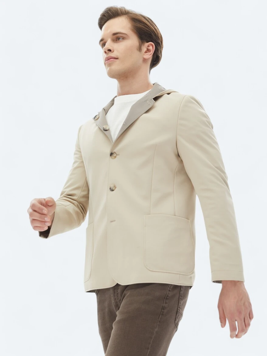 Bej Regular Fit Kapüşonlu Casual Örme Mont - 3