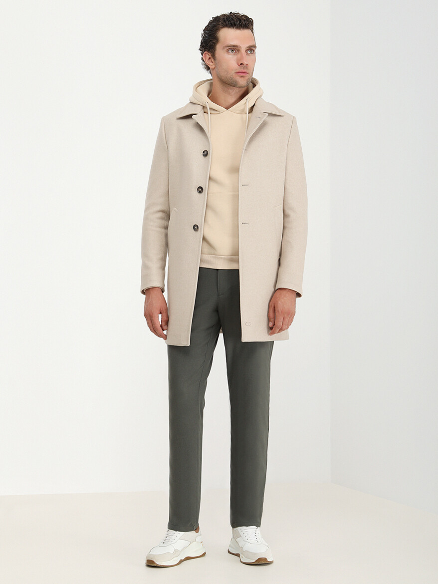 Bej Regular Fit Kelebek Yaka Klasik Dokuma Palto - 2