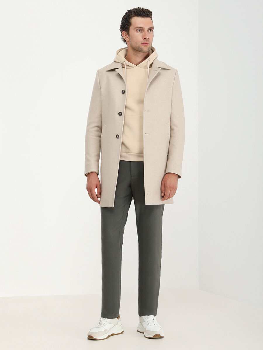 Bej Regular Fit Kelebek Yaka Klasik Dokuma Palto - 2