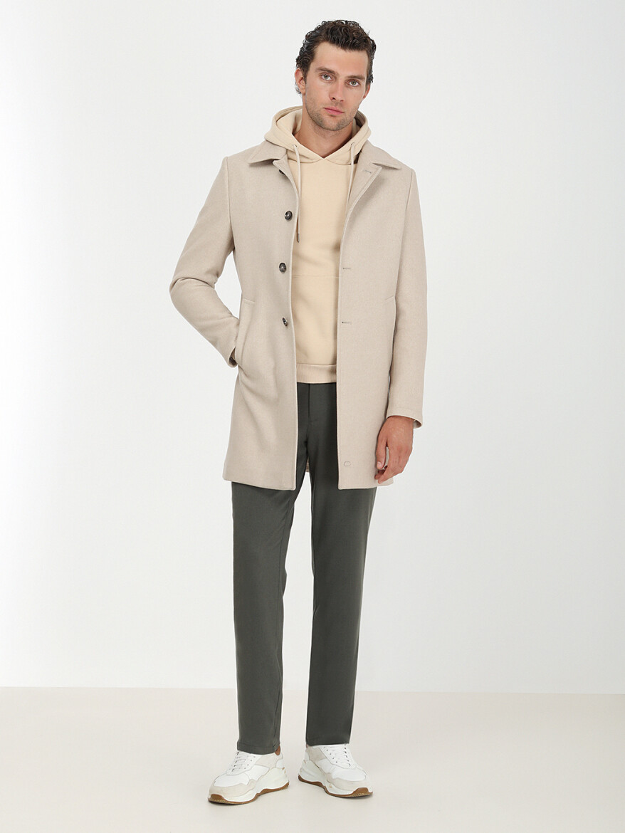 Bej Regular Fit Kelebek Yaka Klasik Dokuma Palto - 4