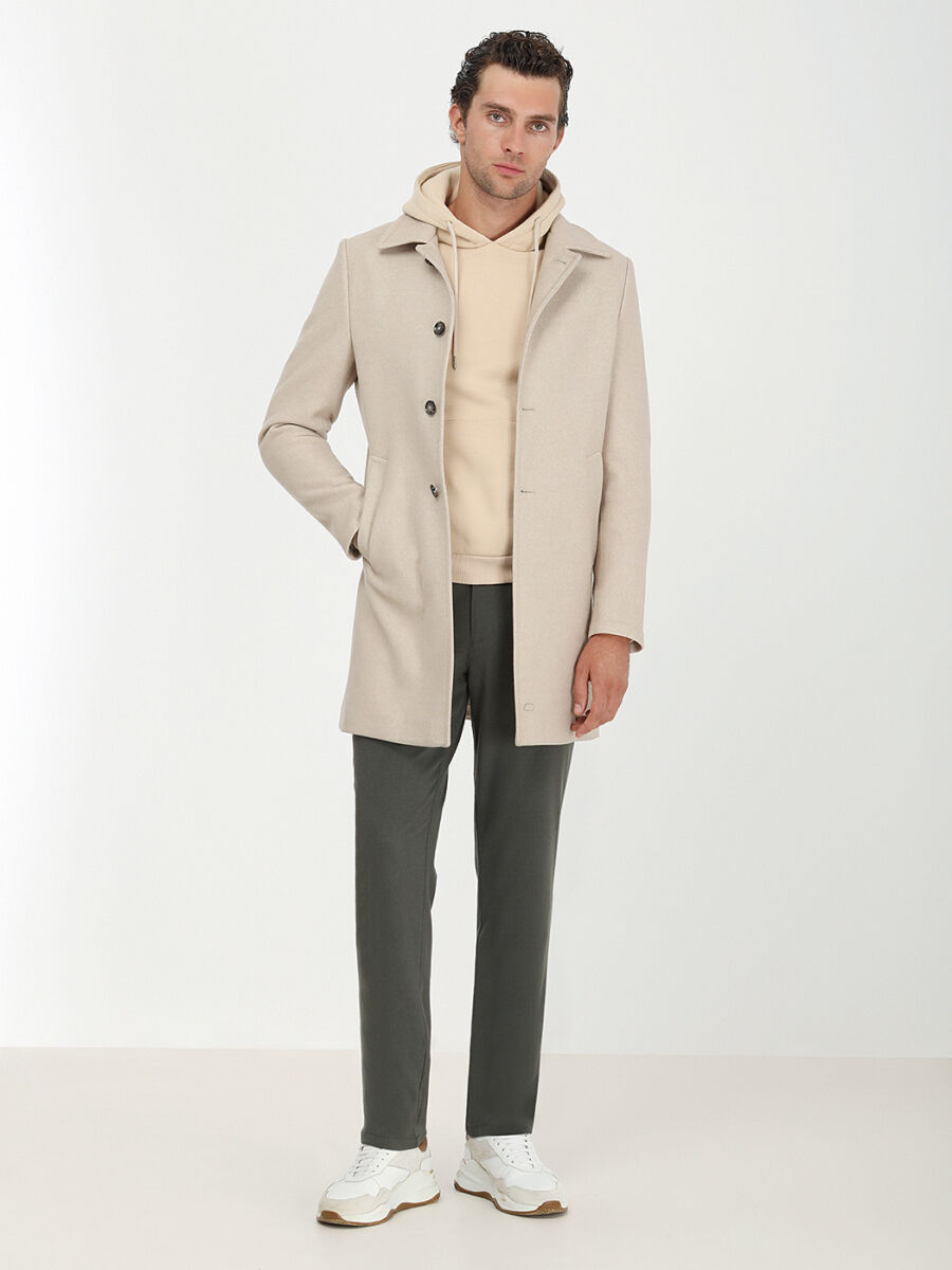 Bej Regular Fit Kelebek Yaka Klasik Dokuma Palto - 4