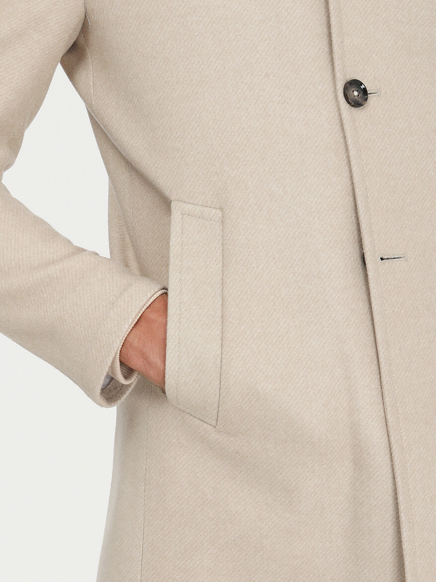 Bej Regular Fit Kelebek Yaka Klasik Dokuma Palto - 5