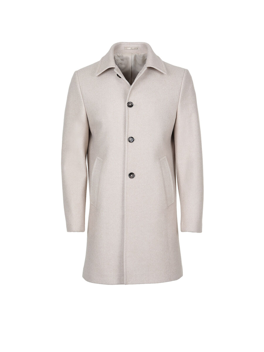 Bej Regular Fit Kelebek Yaka Klasik Dokuma Palto - 7