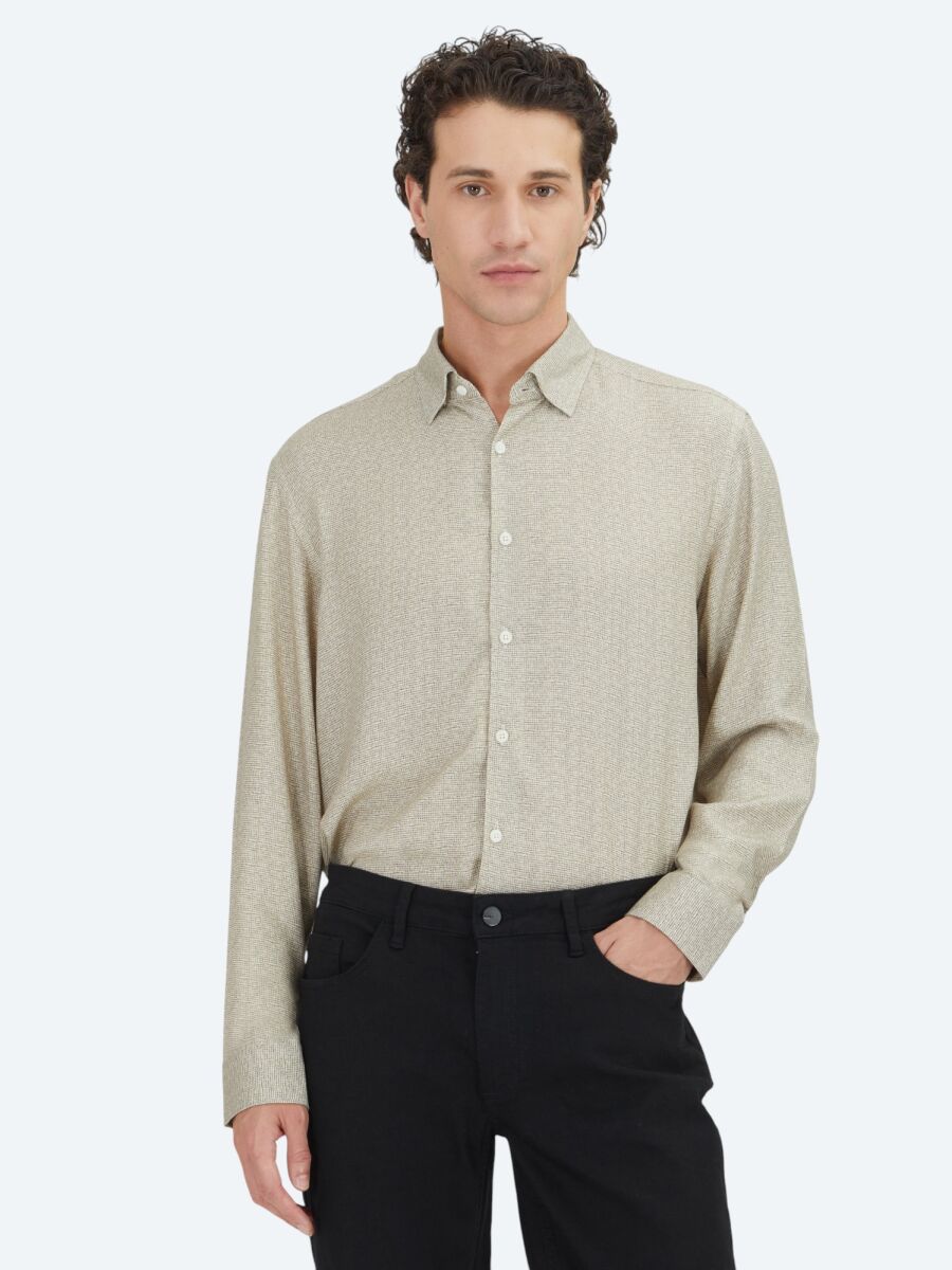 Bej Regular Fit Uzun Dokuma Casual %100 Pamuk Gömlek - 1