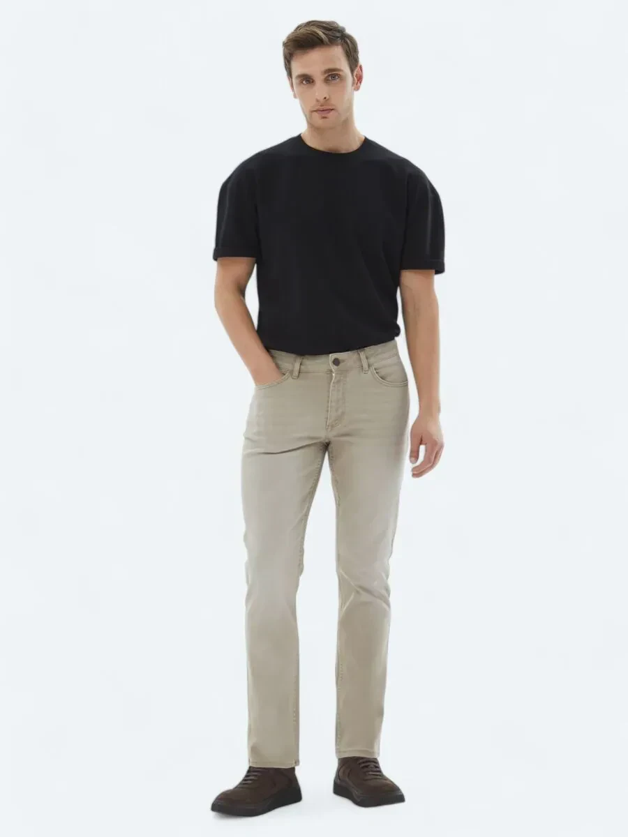 Bej Slim Fit Denim Pamuk Karışımlı Pantolon - 1