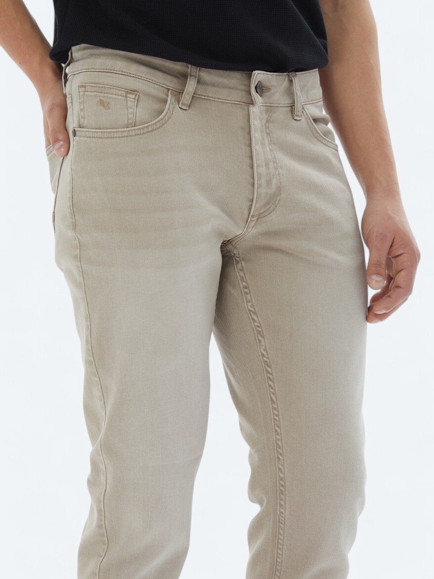 Bej Slim Fit Denim Pamuk Karışımlı Pantolon - 3