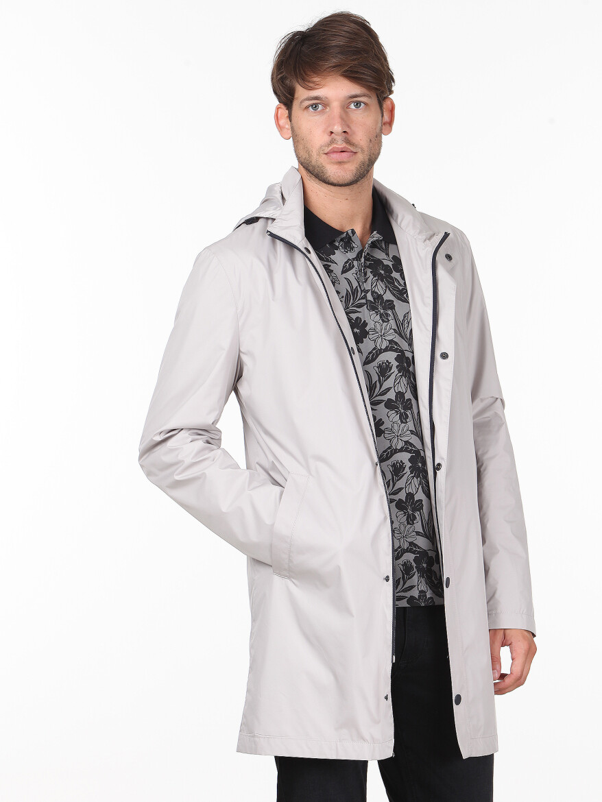 Bej Slim Fit Dik Yaka Klasik Dokuma Pardösü - 1