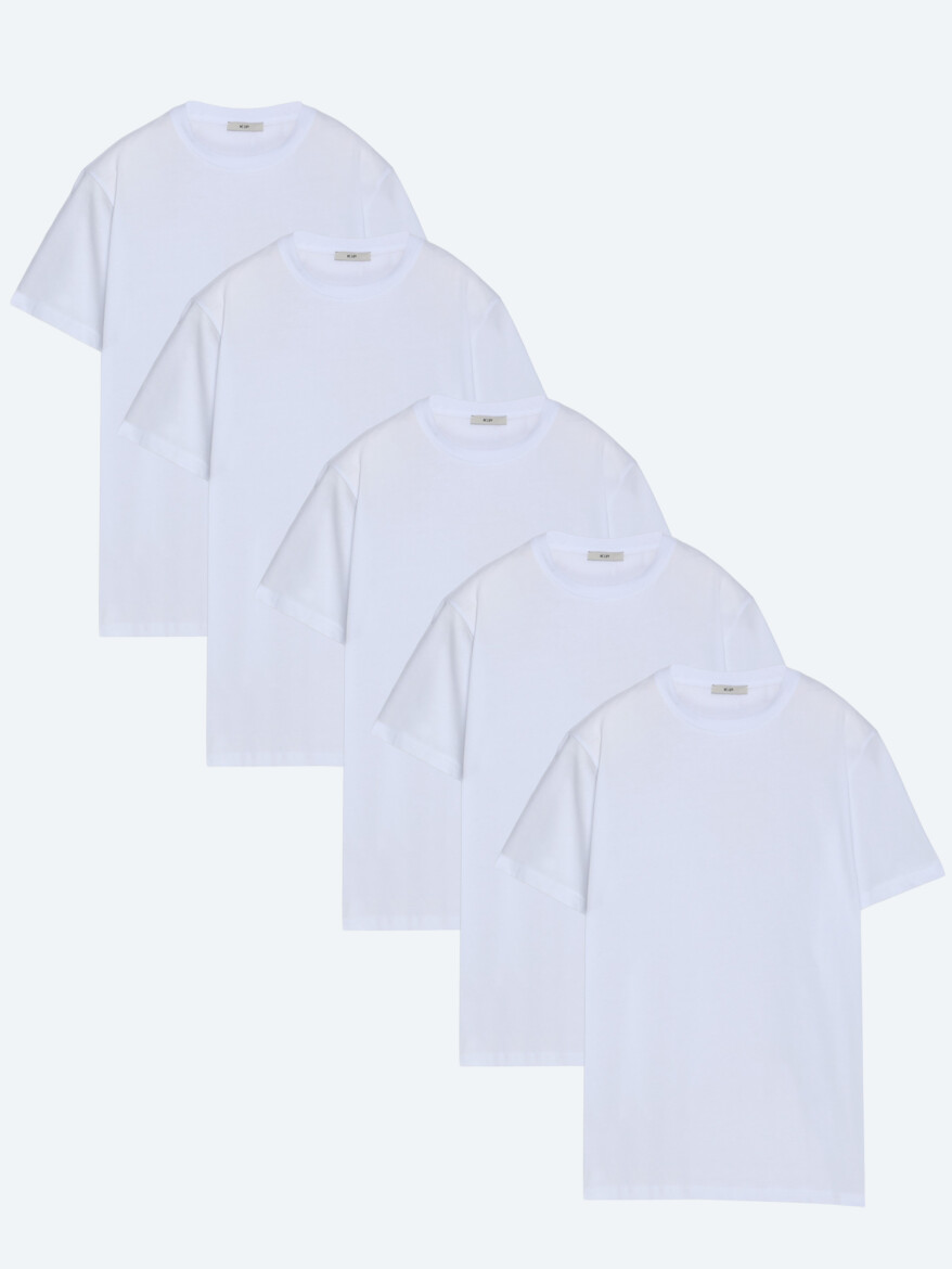 Beyaz 5'li Düz %100 Pamuk T-Shirt - KİP
