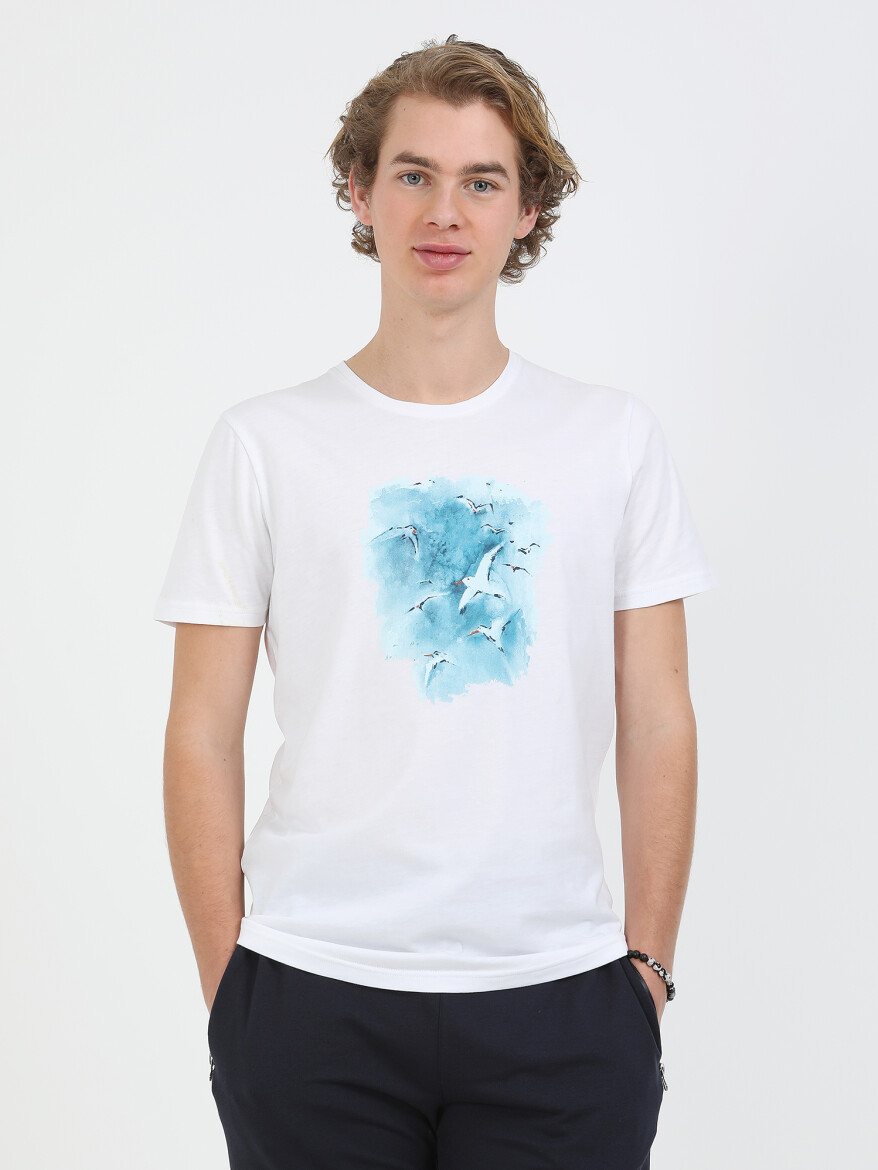Beyaz Baskılı Bisiklet Yaka %100 Pamuk T-Shirt - 1