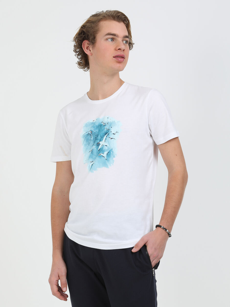 Beyaz Baskılı Bisiklet Yaka %100 Pamuk T-Shirt - 4