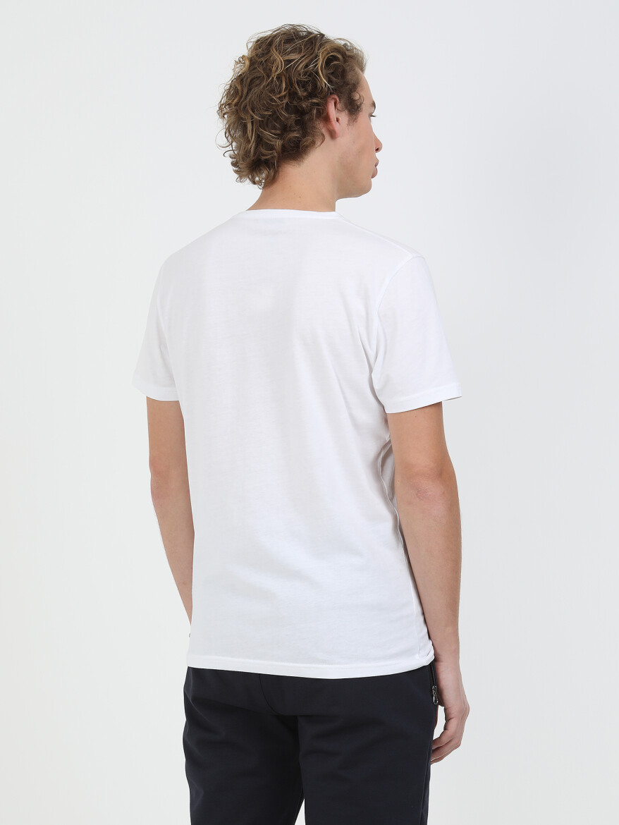 Beyaz Baskılı Bisiklet Yaka %100 Pamuk T-Shirt - 5