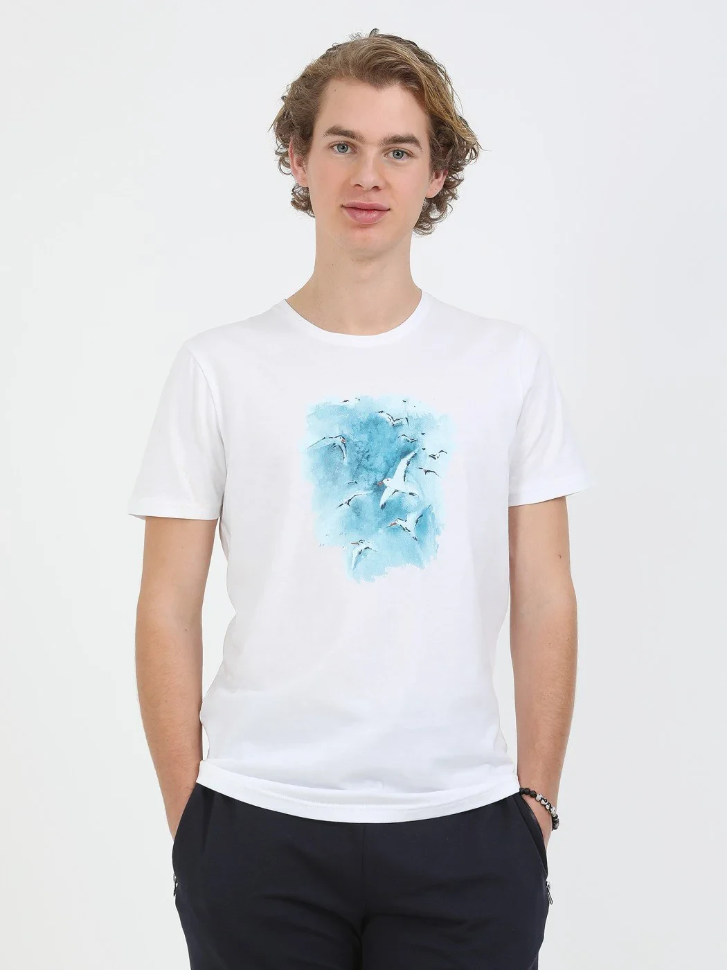 Beyaz Baskılı Bisiklet Yaka %100 Pamuk T-Shirt - 1