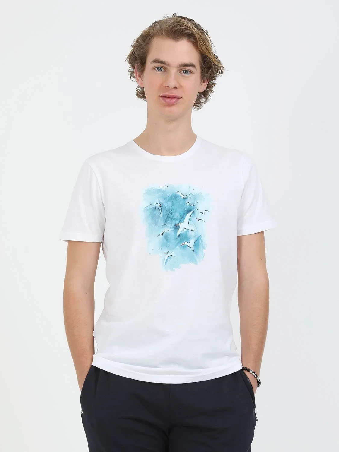 Beyaz Baskılı Bisiklet Yaka %100 Pamuk T-Shirt - 1