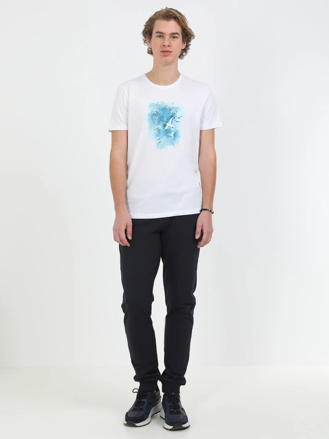 Beyaz Baskılı Bisiklet Yaka %100 Pamuk T-Shirt - 3