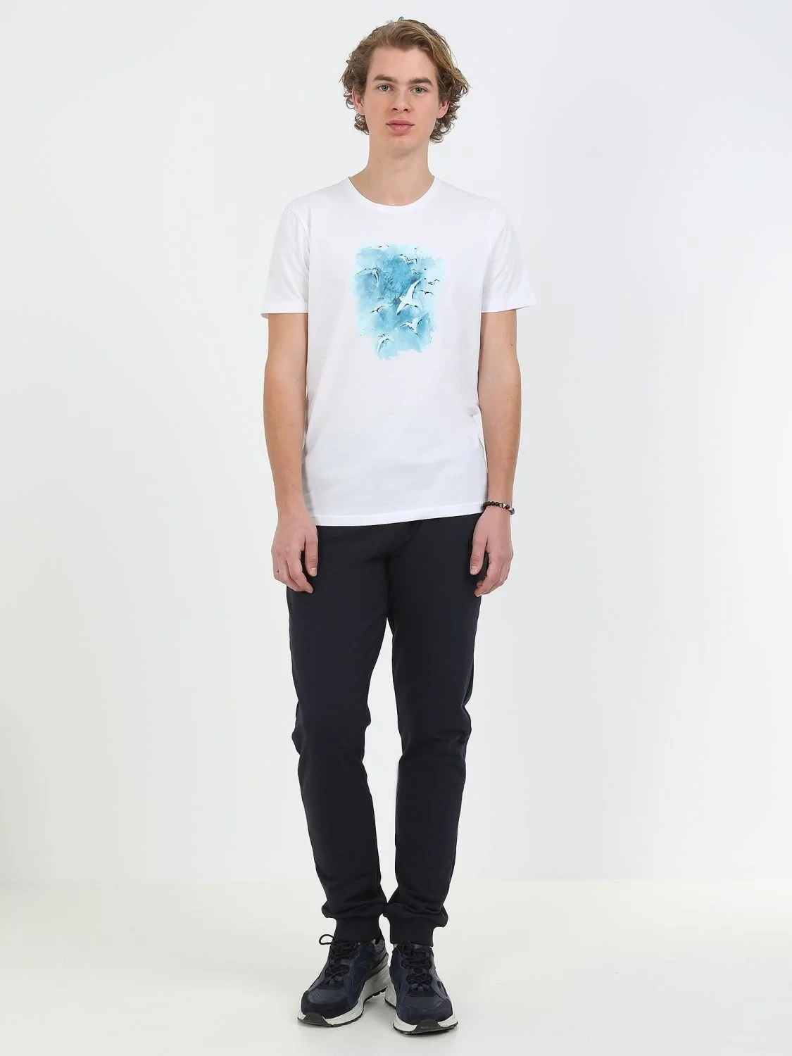 Beyaz Baskılı Bisiklet Yaka %100 Pamuk T-Shirt - 3